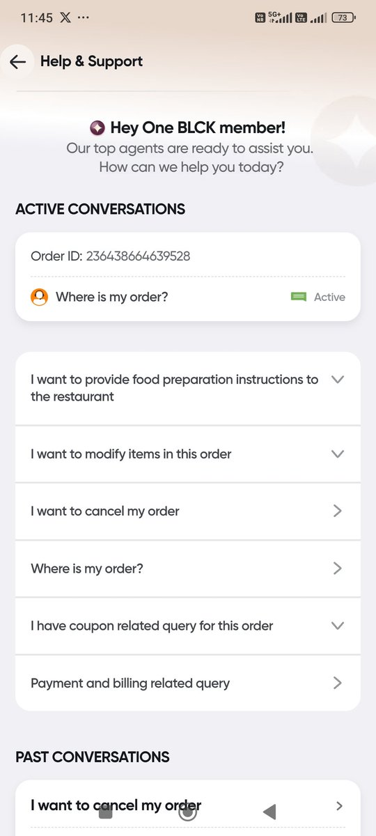 sehjan's tweet photo. @Swiggy I connect with customer care they said my order is cancelled. Still showing active order after 18 hours. As I am a black member. No priority is given. What kind of support you are giving. https://t.co/knEo9iHghC