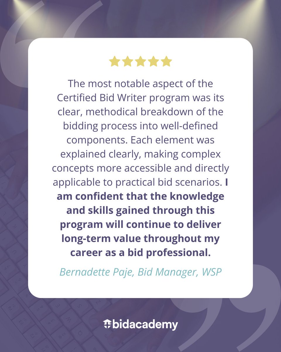 BidWrite's tweet photo. Congrats to our latest Certified Bid Writer graduates! Bid Academy coaches loved teaching the cohort, and were delighted to receive this five-star review from Bernadette Paje, Bid Manager at WSP. Our next program intake starts 12 May. Book your seat today: https://t.co/UOCeImQFxU https://t.co/Vy0abMAmUq