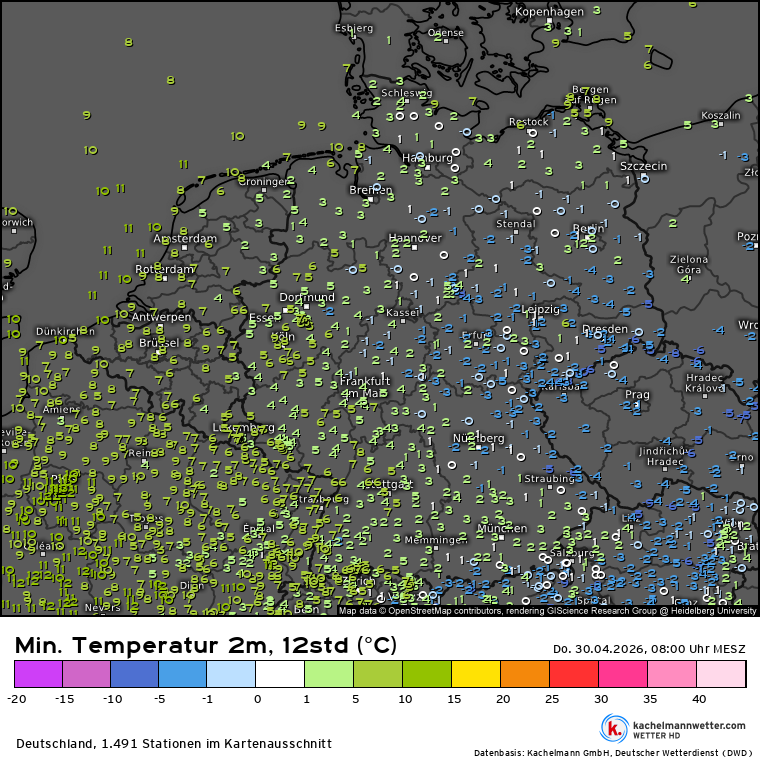 Kachelmannwettr's tweet image. Hier die Tiefstwerte der Nacht. 

Marienberg-Kühnhaide, der Kaltluftsee im Erzgebirge, knallhart am strengen #Frost von -10 Grad vorbei, genau -9,8 Grad.

Hier selbst nachsehen, zum Ablesen in die Karte klicken: kachelmannwetter.com/de/messwerte/d…
/FA
