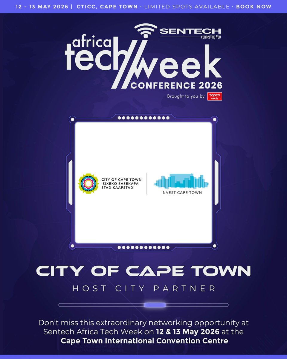 AfricaTechWeek's tweet image. Cape Town is building Africa’s tech ecosystem.

The @CityofCT returns as Host City Partner for #SentechAfricaTechWeek 2026.
From fibre infrastructure to startup growth, this is where innovation scales.

🎟️ Join us: hubs.la/Q04d-lWz0

#ATW2026 #CapeTown #TechHub