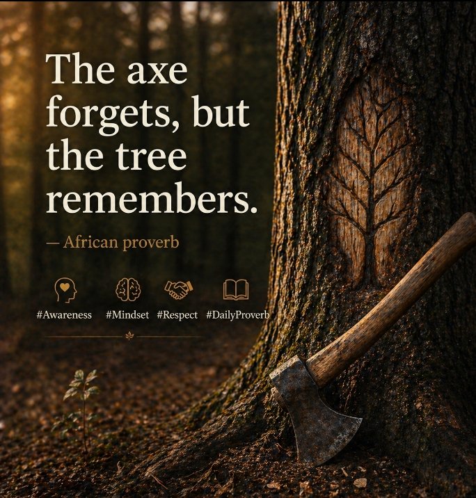 Quote89211Daily's tweet photo. The axe forgets, but the tree remembers. — African proverb

Takeaway:
Actions leave lasting impact.
What’s small to you can be heavy to someone else.
Choose your actions carefully.

#Awareness #Mindset #Respect #DailyProverb https://t.co/SCnPRCOPUb