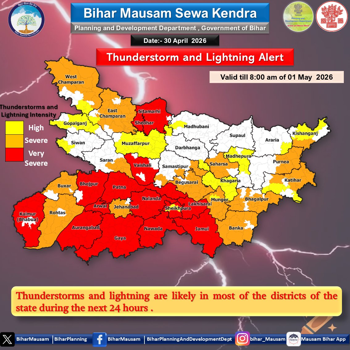 BiharMausam's tweet image. मेघगर्जन एवं वज्रपात चेतावनी (30 अप्रैल 2026) Thunderstorm and Lightning Alert (30 April 2026)
@officecmbihar @BiharDMD @BsdmaBihar @Agribih @WRD_bihar @BiharPlanning @bihar_police @IPRDBihar @airnews_patna @BiharTransport @Biharfire112 @BiharEducation_   #Bihar #Lightning