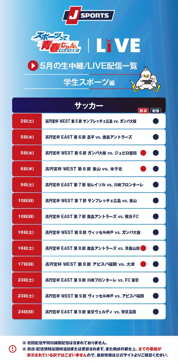jsports's tweet photo. ／
5月の生中継＆LIVE配信一覧
学生スポーツ編
＼

※放送・配信情報は随時追加または更新されます。また編成の都合上、全ての番組が表示されている訳ではございませんので、最新情報は公式サイトよりご確認ください。

・大学ラグビー
・高円宮杯
・大学バスケ

特集ページ➡
https://t.co/NHdiHWHpZX https://t.co/dPWbQxUC6y