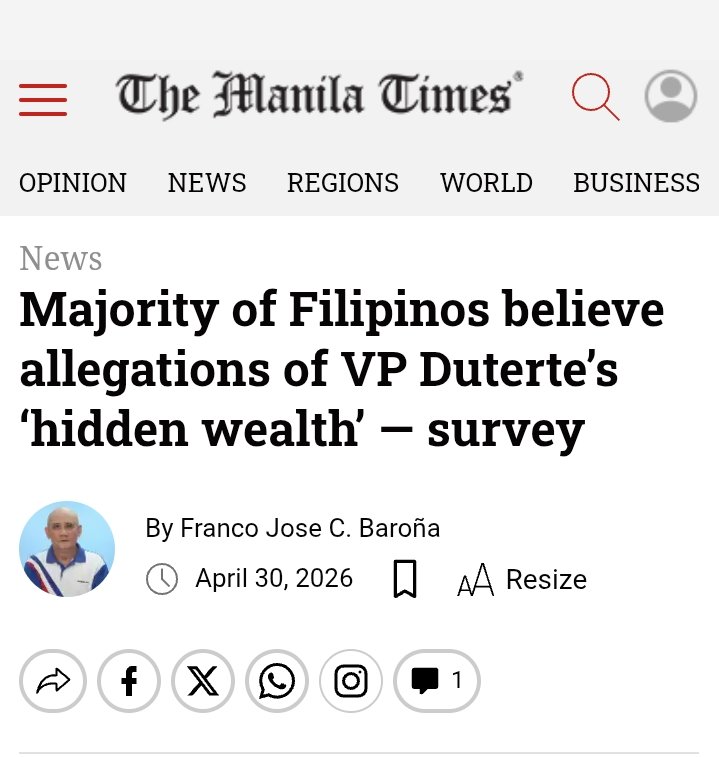 DeusXMachina14's tweet image. Tangere April Poll published by the Manila Times: 58% of Filipinos believed the allegations that VP Sara Duterte has hidden wealth.
Among Marcos supporters: 88%
Among LP/Pink supporters:81%
Among Duterte supporters: 1/3 
manilatimes.net/2026/04/30/new…