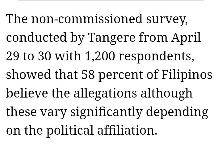 DeusXMachina14's tweet image. Tangere April Poll published by the Manila Times: 58% of Filipinos believed the allegations that VP Sara Duterte has hidden wealth.
Among Marcos supporters: 88%
Among LP/Pink supporters:81%
Among Duterte supporters: 1/3 
manilatimes.net/2026/04/30/new…