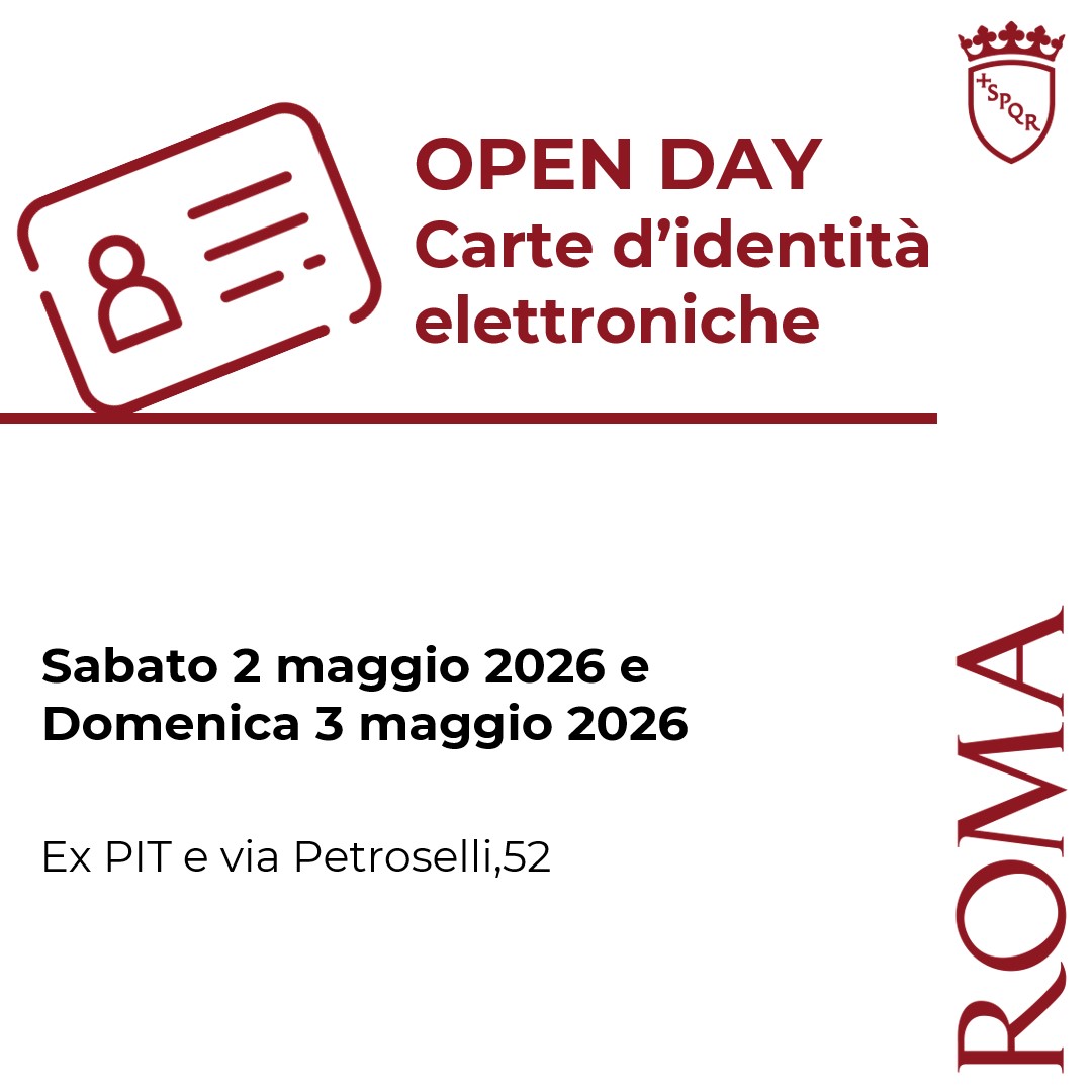 Roma's tweet image. ✅#OpenDay Carta d'identità Elettronica

📌Sabato 2 e domenica 3 maggio 2026, saranno aperti gli ex PIT, e via Petroselli 52.

 🖥️Prenotazioni da 30/04 ore 9
 
⚠️Priorità per chi è in possesso della carta d'identità cartacea.

➡️ tinyurl.com/2k5mdt9p