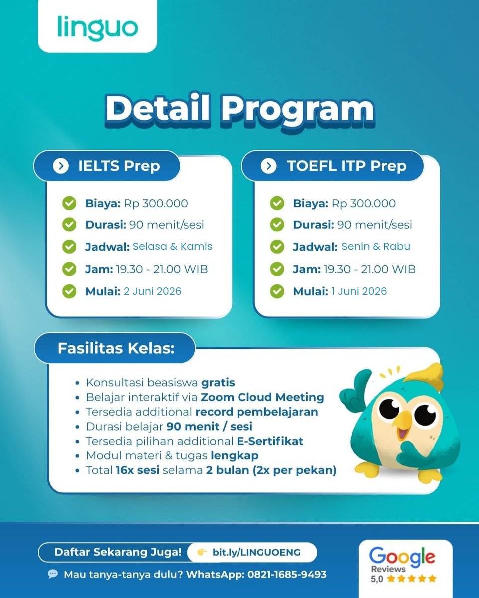 Mau skor IELTS/TOEFL naik tapi bingung mulai dari mana? Sekarang waktunya upgrade skill Bahasa Inggrismu bareng Kelas Persiapan IELTS &amp; TOEFL Linguo! ✨

✅ Live interactive class via Zoom (bukan e-learning)
✅ 16x sesi 90 menit/sesi selama 2 bulan
✅ Modul lengkap + rekaman