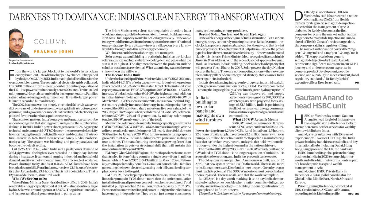 PMSuryaGhar's tweet image. In this insightful article, Hon’ble Minister @mnreindia  Shri @JoshiPralhad writes about India’s #EnergyTransition

By reliably meeting a record peak demand of 256 GW, expanding universal access &amp;amp; rapid solar adoption, we are building a self-reliant energy system for the future.