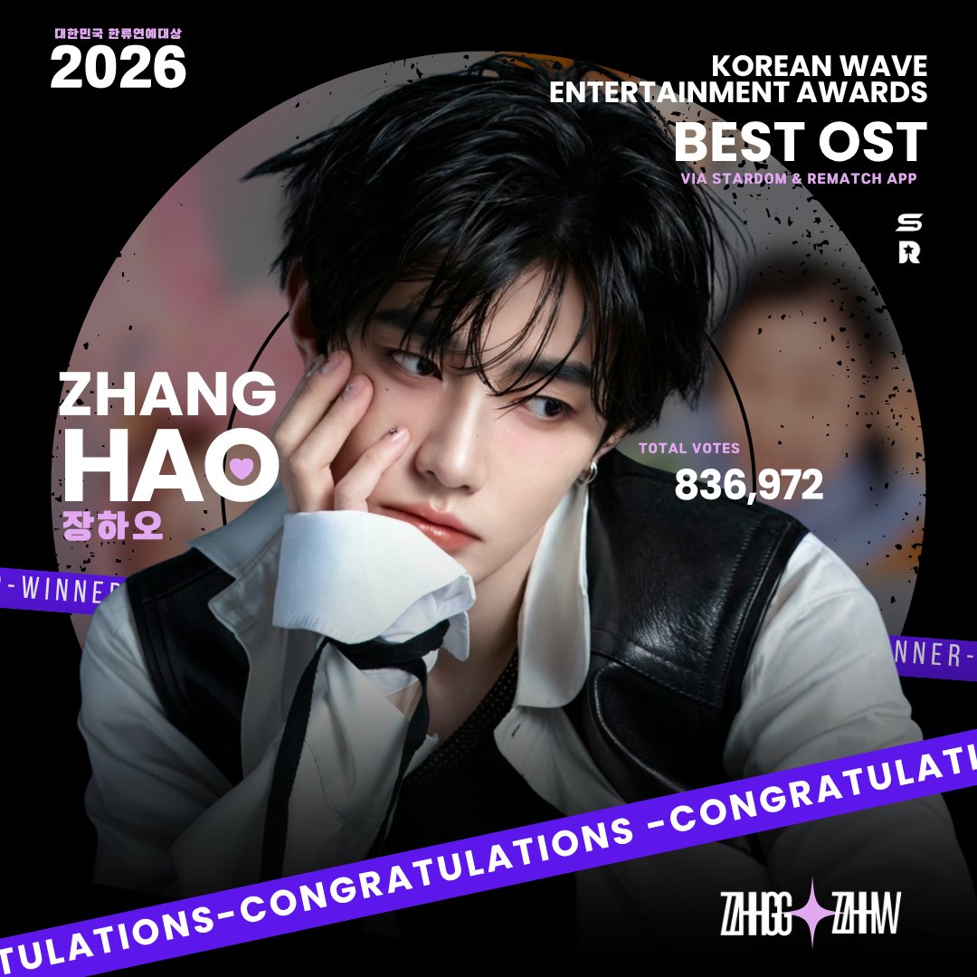 [April 30, 2026]

We are overwhelmed with gratitude and pride as we celebrate this meaningful achievement— 2026 Korean Wave Entertainment Awards, Best OST Award for <Refresh!> by Zhang Hao 🏆

With 91.7% winning rate consist of 836,972 VOTES from STARDOM Apps (268,163P equal to