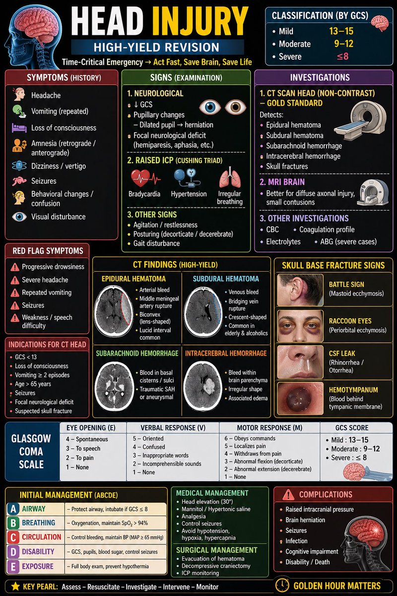 rpsingh1894's tweet image. 🧠 Head Injury — every second counts.

🚨 GCS drop = danger  
🩻 CT scan = first step  
⚠️ Look for red flags: vomiting, seizures, unequal pupils  
🩸 Raised ICP can be fatal if missed  

👉 Assess early. Act fast. Save brain.

#HeadInjury #Trauma #EmergencyMedicine #Neurosurgery