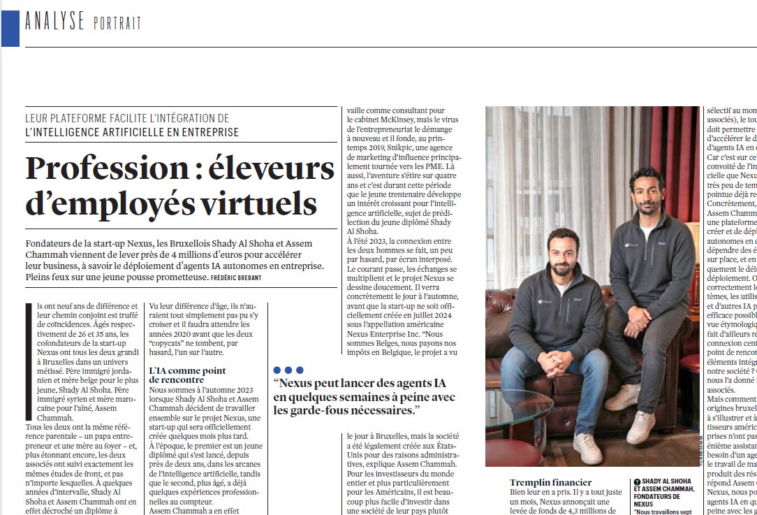 FredBrebant's tweet image. Dans le nouveau @trendsbelgique, mon portrait des #Bruxellois Shady Al Shoha et Assem Chammah, fondateurs de la #startup Nexus qui vient de lever près de 4 millions d’euros pour accélérer son #business, à savoir le déploiement d’agents #IA autonomes en #entreprise 💡
