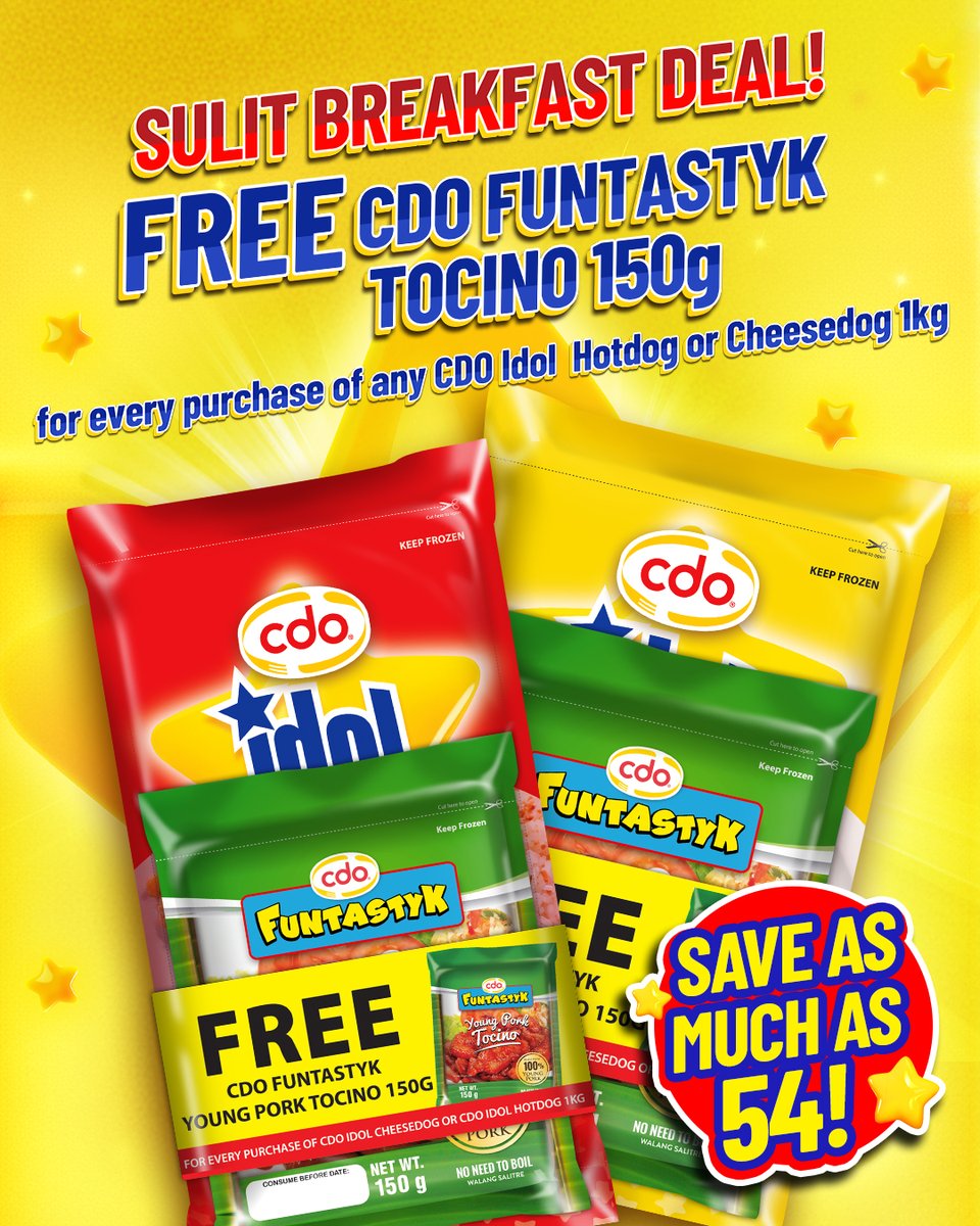 🚨 SULIT BREAKFAST DEAL ALERT! 

Get a FREE CDO Funtastyk Young Pork Tocino 150g for every purchase of CDO Idol Hotdog or Cheesedog 1kg ⭐

Now available in your nearest grocery/supermarket🛒
Don’t miss out on this perfect breakfast pairing! 

#ItoAngIdolKo #IdolxSB19 #IdolHotdog