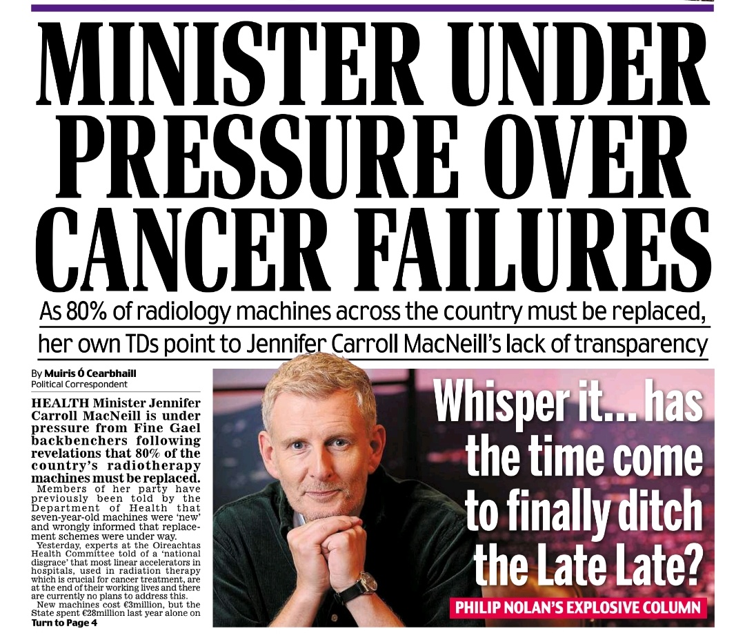 caulmick's tweet photo. MINISTER UNDER PRESSURE OVER CANCER FALURES

HEALTH Minister Jennifer Carroll MacNeill is under pressure from Fine Gael backbenchers following revelations that 80% of the country's radiotherapy machines must be replaced.  @muirisoc

Members of her party have previously been told by the Department of Health that seven-year-old machines were 'new' and wrongly informed that replacement schemes were under way.

#CancerCare #HSE #FFG #JenniferCarroll #IrelandisBroken