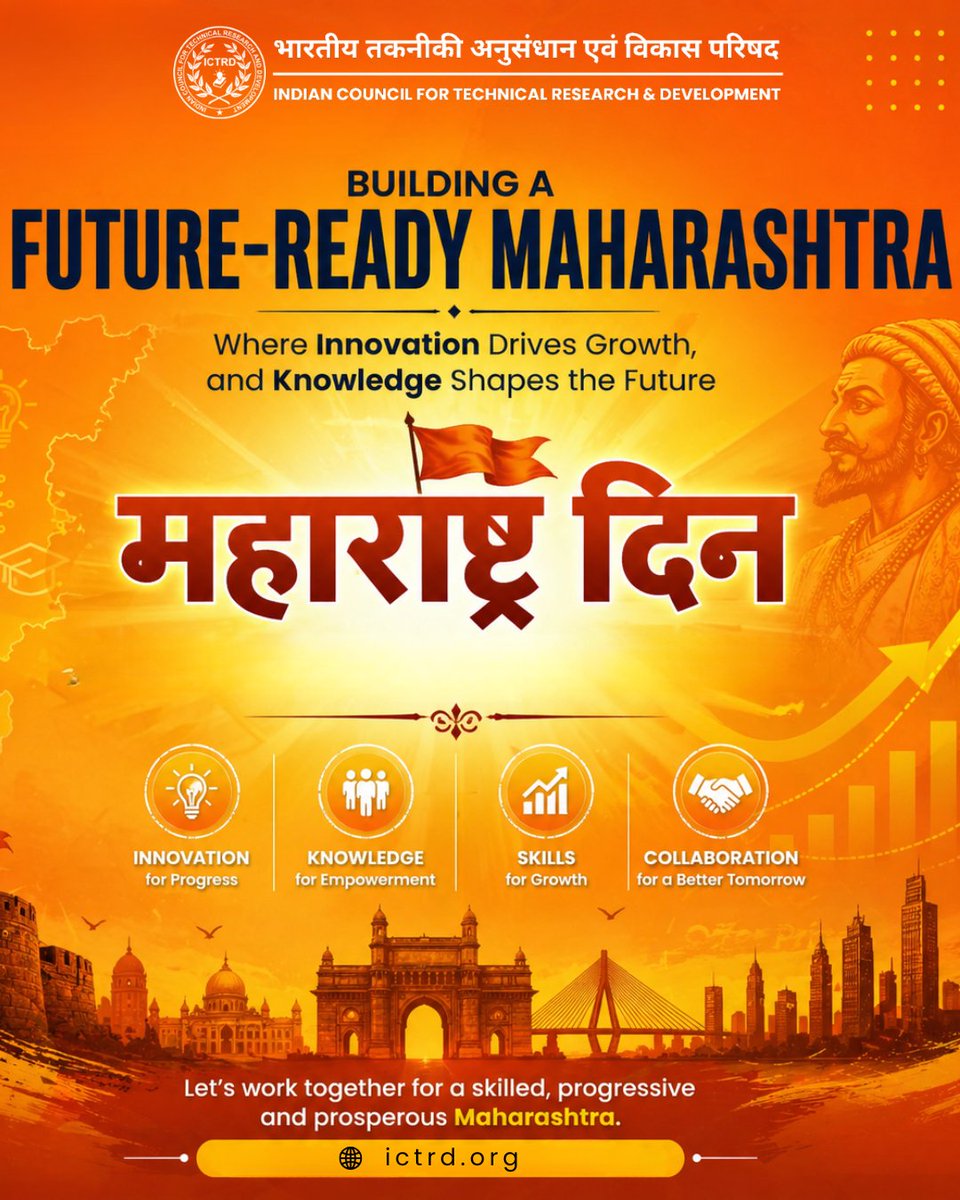 IctrdIndia's tweet image. On this Maharashtra Day, we celebrate more than a legacy we celebrate a vision.

Maharashtra has long been the driving force of India’s growth, a land where industries thrive and aspirations take shape.

#MaharashtraDay #ICTRD #FutureReady #InnovationEconomy #KnowledgeHub
