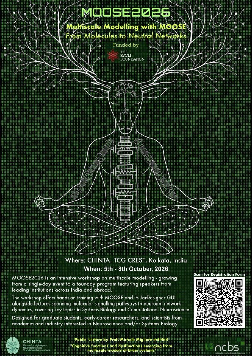 mooseneurosim's tweet photo. MOOSE2026: Expands both in scale and scope!
Deadline: 31/05/'26, 23:59 IST
Workshop details & application link: https://t.co/k1horxfVd6
Funded by @KavliFoundation
Supported by @ChanZuckerberg, @NCBS_Bangalore, @chinta_tcgcrest
#compneuro #neuroscience #systemsbiology #Opensource https://t.co/mEg8huX5XY