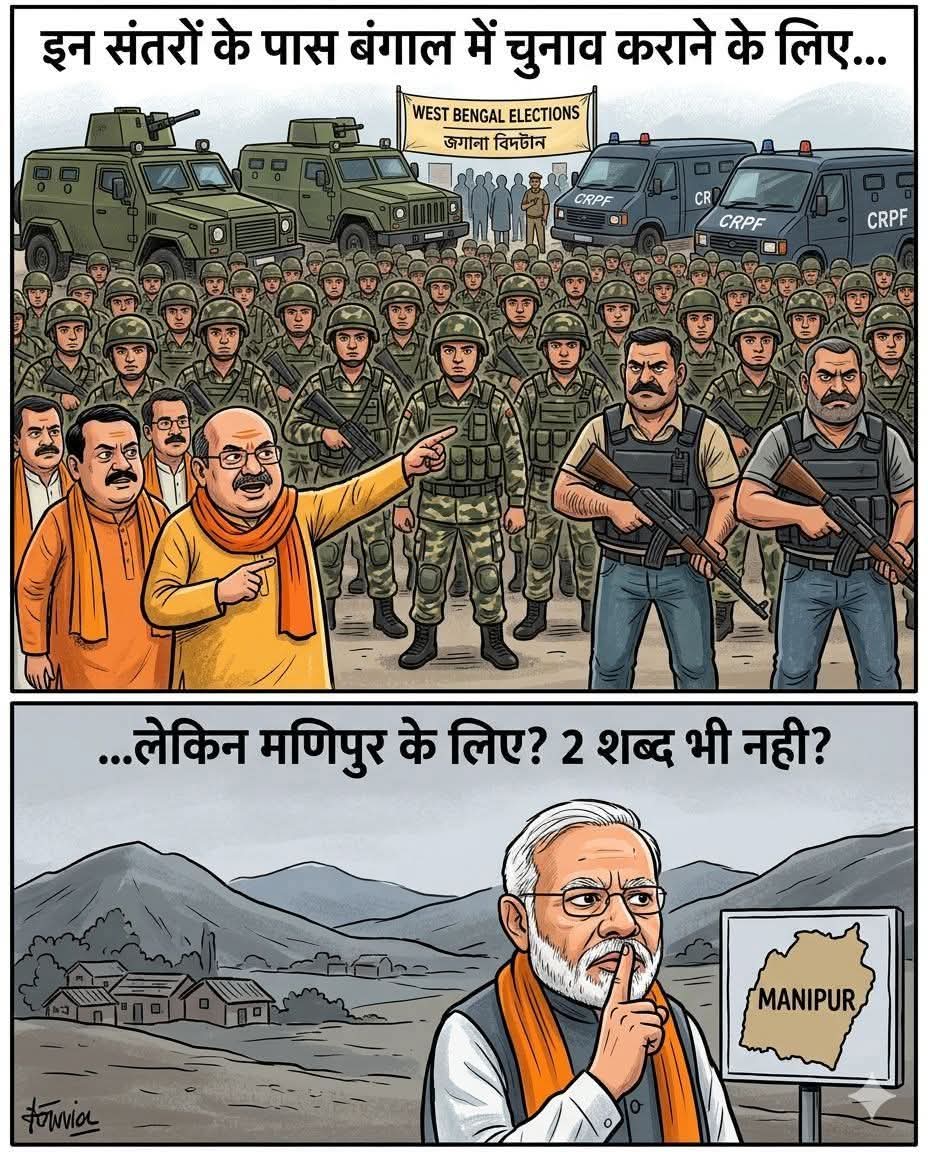 Shailesh9650's tweet image. @htTweets
इन संतरों के पास बंगाल में चुनाव कराने के लिए संघी एनकाउंटर स्पेशलिस्ट है, बख्तरबंद गाड़ियां है, लाखो की तादाद में सेंट्रल रिजर्व फोर्स है,

लेकिन मणिपुर के लिए....? 2 शब्द भी नही?
#ModiHaiToMumkinHai #DoubleEngine #doubletrouble