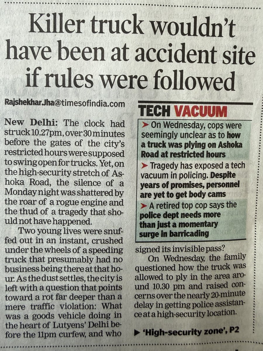 sudhirchaudhary's tweet photo. This tragedy isn’t an accident, it’s a system failure.
I had already posted a video on how commercial trucks are openly parked and moving in the heart of Delhi.
If entry is restricted, who is allowing them in?
Rules exist. Enforcement doesn’t.
Two lives lost and the silence of accountability continues. @LtGovDelhi