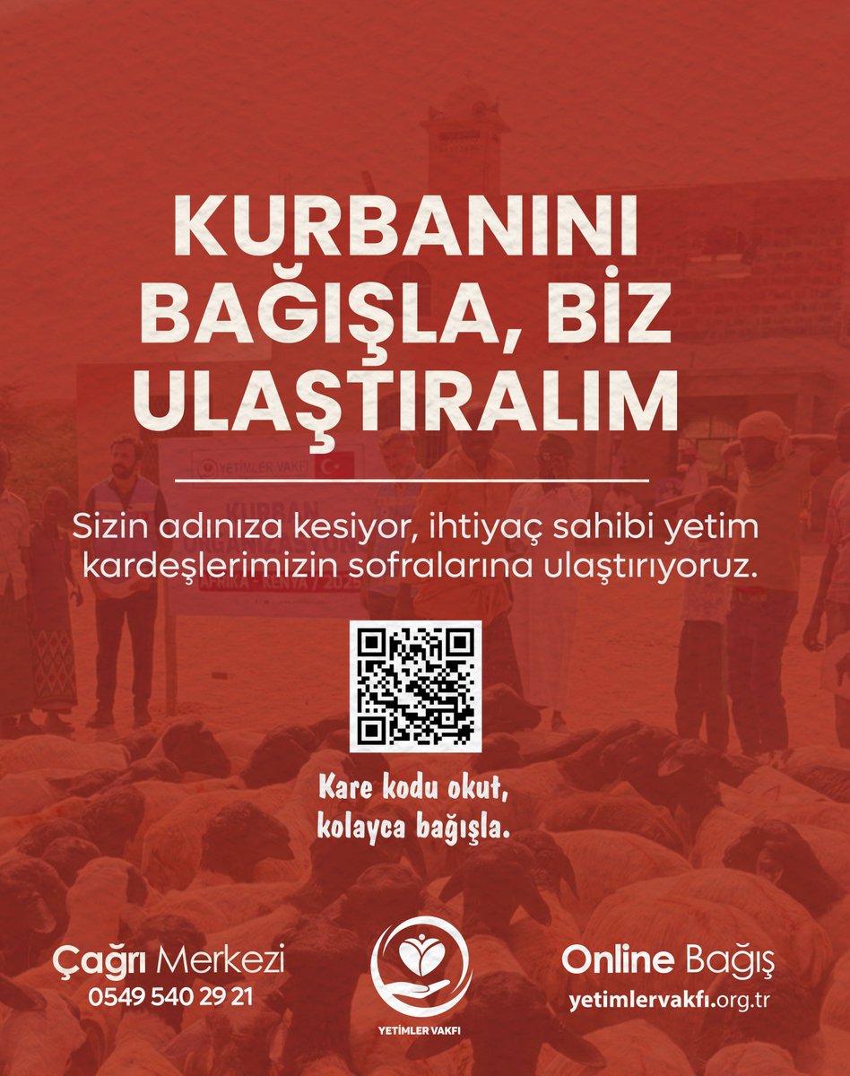 Kurbanını bağışla, biz ulaştıralım 🤲

Bir bağışın, bir sofraya bereket olsun.
Sen iyiliği seç, biz ihtiyaç sahiplerine güvenle ulaştıralım.
Bayram sevincini birlikte büyütelim 

📍  Online Bağış: yetimlervakfi.org.tr
📞Çağrı Merkezi: 0549 540 29 21

#KurbanBağışı