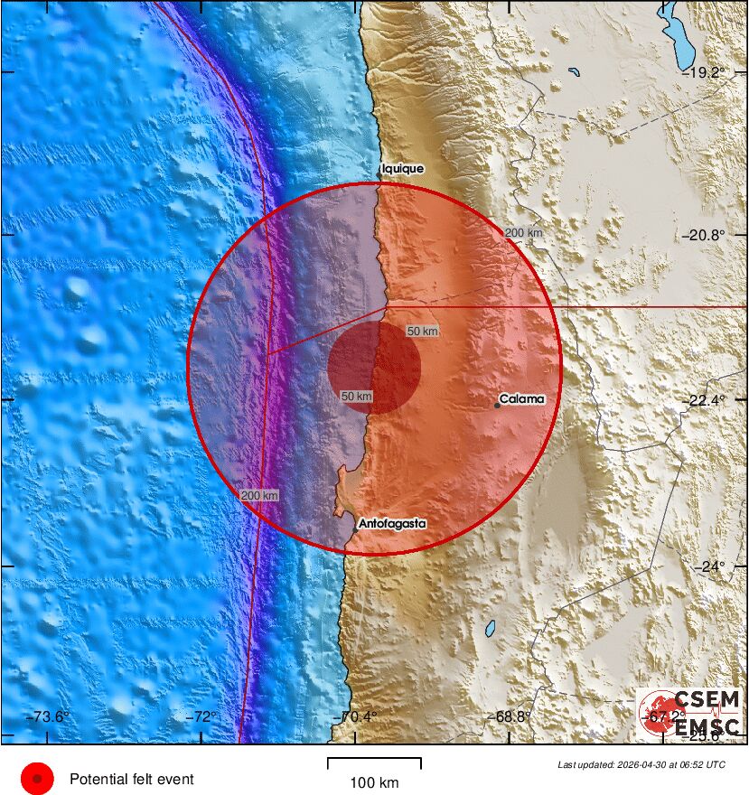 LastQuake's tweet image. #Earthquake (#sismo) possibly felt 6 sec ago in #Chile (detected from sismo.app). Felt it? Tell us via:
📱m.emsc.eu/#app
🌐m.emsc.eu
🖥emsc-csem.org
⚠ Automatic crowdsourced detection, not seismically verified yet. More info soon!