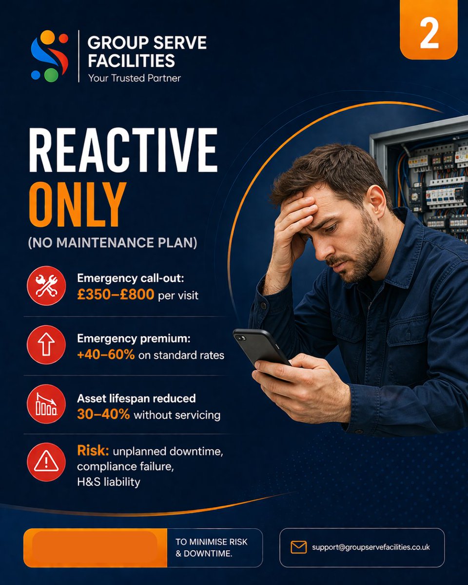 groupservefm's tweet photo. Planned vs reactive isn’t strategy — it’s cost.

Reactive = higher fees, breakdowns, compliance risk.
PPM = predictable costs, fewer issues, longer asset life.

DM “PPM” for a tailored quote.

#PlannedMaintenance #PPM #FacilitiesManagement #BuildingMaintenance #CostSaving https://t.co/Jsrh221VkX