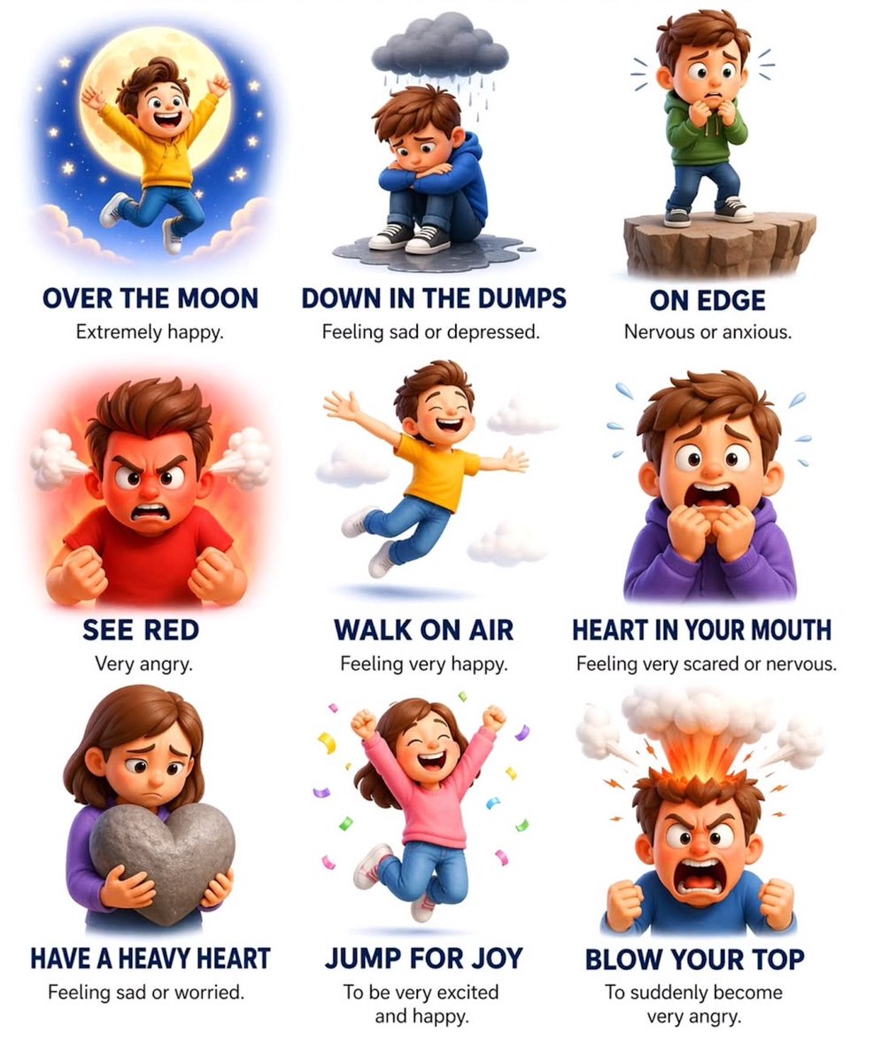 RealEvilEnglish's tweet photo. Idioms for Emotion

🔹Over the Moon

= Extremely happy or delighted.
Example:
"She was over the moon when she found out she got the job."
✍️Note: This idiom comes from an old nursery rhyme ("Hey Diddle Diddle") and has been used since at least the 17th century to mean extreme happiness.

🔹Down in the Dumps

= Feeling sad, depressed, or low in mood.
Example:
"He's been down in the dumps since his team lost the championship."
✍️Note: "Dumps" here is an old word meaning "melancholy" or "low spirits," not related to garbage.

🔹On Edge

= Nervous, anxious, or irritable (like being tense and ready to react).
Example:
"The students were on edge before the final exam."
✍️Note: It refers to the edge of something sharp or dangerous; you feel "on the edge" of losing control.

🔹See Red

= Become very angry.
Example:
"When someone cuts in line, I see red."
✍️Note: This comes from the idea that anger makes you see the color red (like a bull seeing a red cape).

🔹Walk on Air

= Feel extremely happy, light, and carefree.
Example:
"After winning the award, she was walking on air for days."
✍️Note: Similar to "on cloud nine", both suggest floating above the ground with joy.

🔹Heart in Your Mouth

= Feel very scared, nervous, or anxious (your heart feels like it's jumped up into your throat).
Example:
"My heart was in my mouth as I waited for the interview results."
✍️Note: A very physical description of fear; common in British English.

🔹Have a Heavy Heart

= Feel sad, sorrowful, or worried about something serious.

Example:
"She had a heavy heart when she said goodbye to her old home."
✍️Note: Contrasts with "light-hearted" (carefree and happy).

🔹Jump for Joy

= Be extremely excited and happy (literally jumping up and down).
Example:
"The children jumped for joy when they heard they were going to Disneyland."
✍️Note: This one is very literal and visual; happiness expressed through physical movement.

🔹Blow Your Top (also "Blow Your Stack")

= Suddenly become very angry; lose your temper.
Example:
"He blew his top when he saw the messy room."
✍️Note: The image shows a volcanic explosion; perfect visual metaphor. It suggests pressure building up until it erupts.

Bonus Tips:
These idioms are colorful and figurative;  native speakers use them to make conversations more vivid.
Many emotion idioms relate to the body (heart, head, blood) or physical sensations (jumping, floating, exploding).
Similar idioms: "On cloud nine," "green with envy," "tickled pink," "feel blue."
