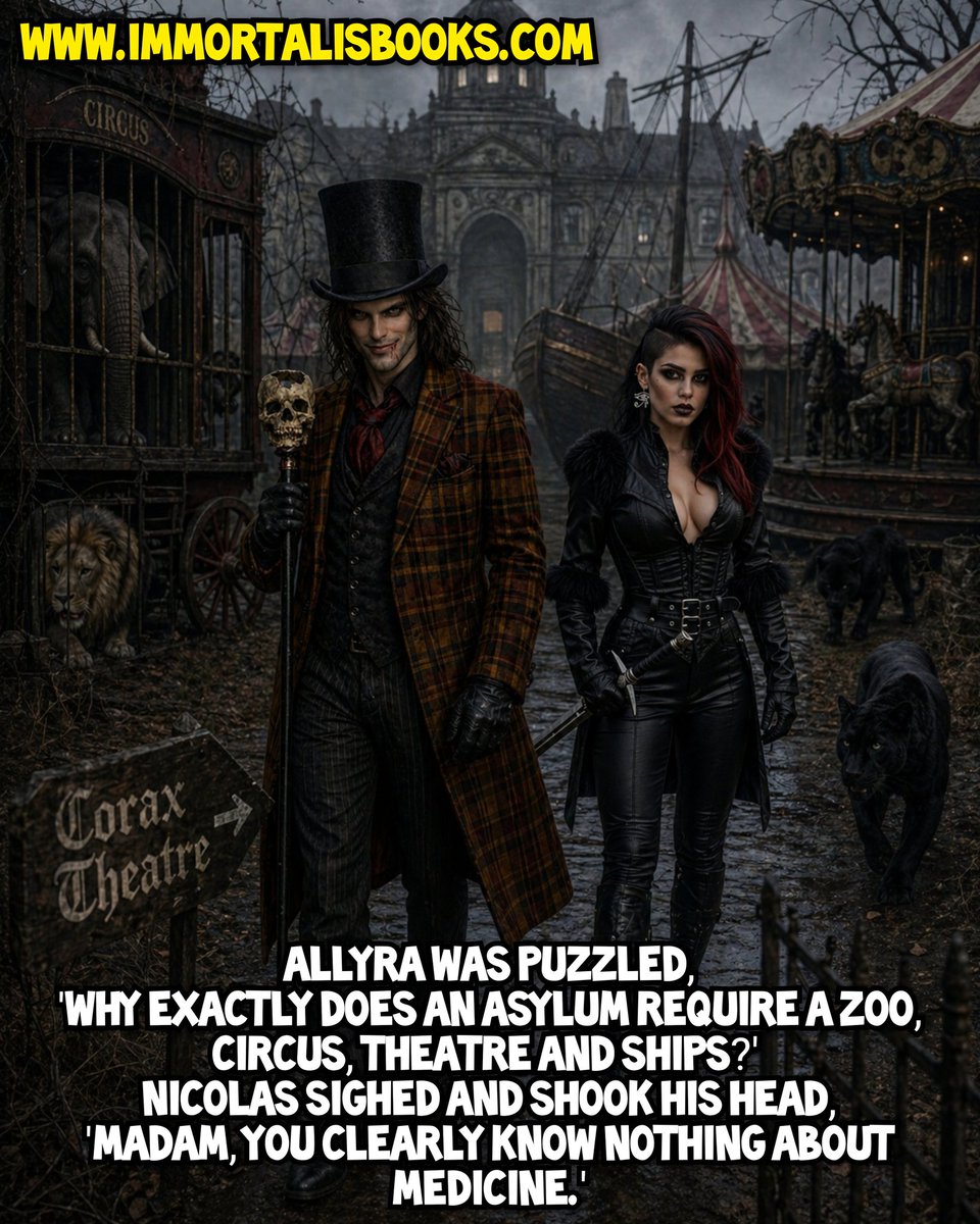 DucissaAnneDB's tweet image. Allyra was puzzled,
'Why exactly does an asylum require a zoo, circus, theatre and ships?' 
Nicolas sighed and shook his head,
'Madam, you clearly know nothing about medicine.'
Immortalis by Dyerbolical #Horror #Books #NSFW #BookTok Coming Soon #darkromancebooks