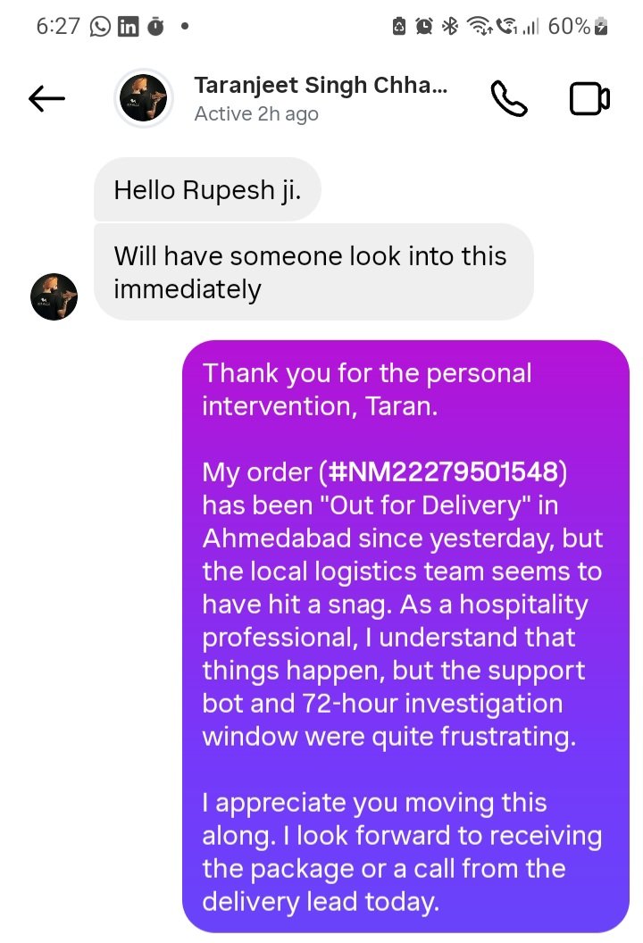 RupeshShoma's tweet photo. @Neemans190038 @taran451 @IndiaToday @Times_Of_India_ @jagograhakjago @xpressbees @consumercourtin .@Neemans190038 @taran451 Now I am getting automated surveys for a "resolved" issue while my shoes are still stuck in Ahmedabad.
Absolute audacity. Stop the bot-surveys and deliver the order #NM22279501548 today.
#ServiceFailure #Neemans #Ahmedabad https://t.co/vDSKYBNmA3
