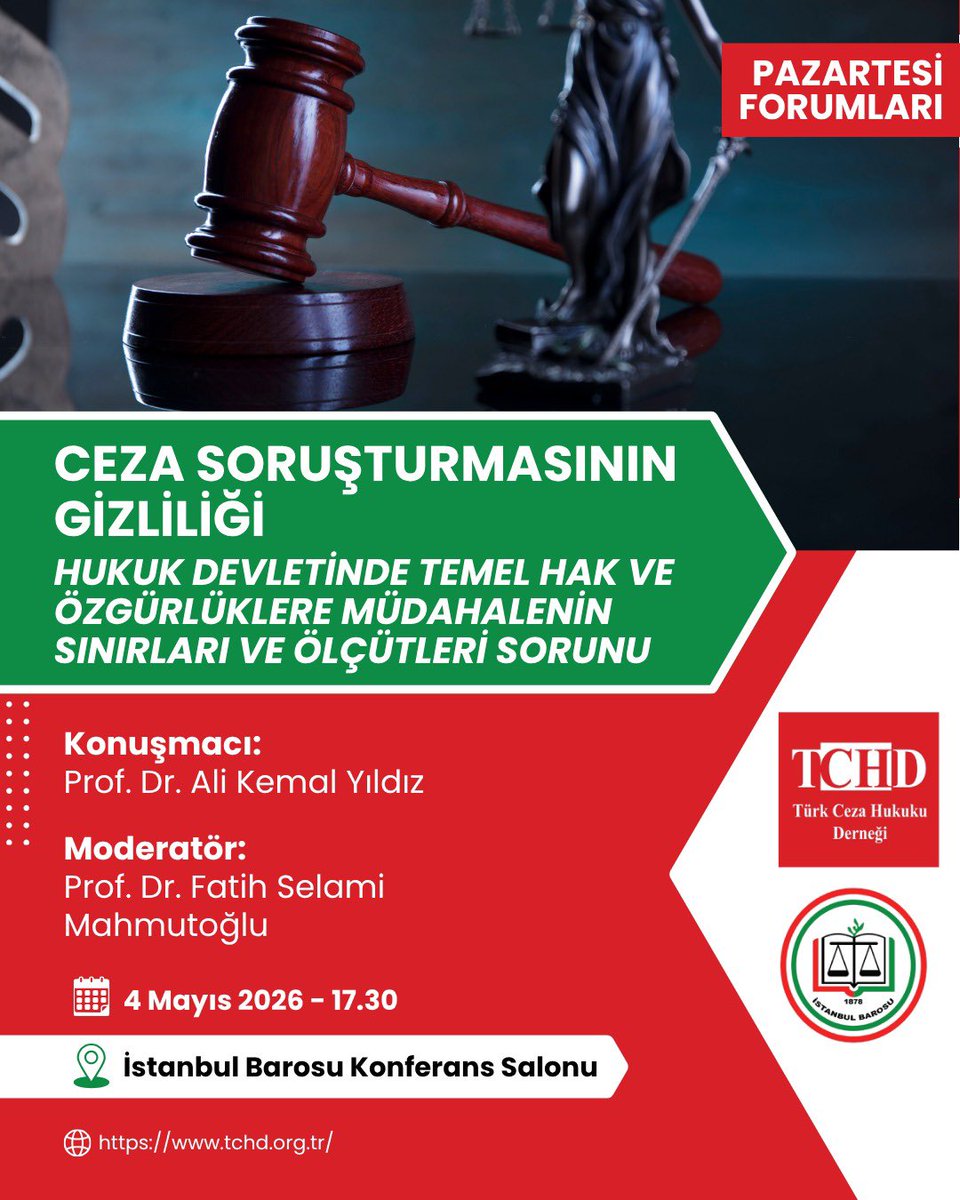TchdOrgTr's tweet photo. “Ceza Soruşturmasının Gizliliği-Hukuk Devletinde Temel Hak ve Özgürlüklere Müdahalenin Sınırları ve Ölçütleri Sorunu” başlığıyla 4 Mayıs saat 17:30’da yapılacak olan #PazartesiForumu’nda Prof. Dr. Fatih Selami Mahmutoğlu moderatör; Prof. Dr. Ali Kemal Yıldız konuşmacı olacaktır. https://t.co/r7Z98fdSvB