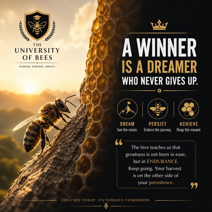 QUOTE:
“A winner is a dreamer who never gives up.”

WISDOM:
In the hive, no bee abandons its purpose because of distance, wind or weariness. 

Each journey for nectar may be long and uncertain, yet the bee persists; driven by vision, not convenience.