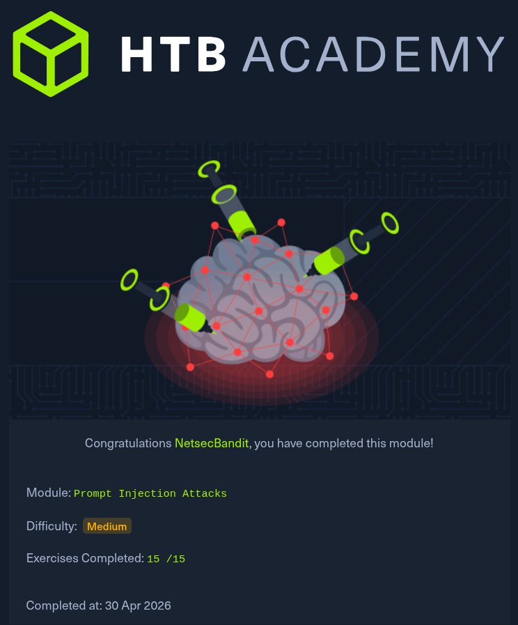 SaimRaza_'s tweet photo. Wrapped up the HTB Academy Prompt Injection Attacks module  15/15 exercises, and every one of them a good reminder that the most dangerous input field in an AI app is the chat box itself.
#PromptInjection #AIRedTeaming #HackTheBox #OffensiveAI #PenetrationTesting #AIHacking #COAE https://t.co/FZ2hVEfEpu