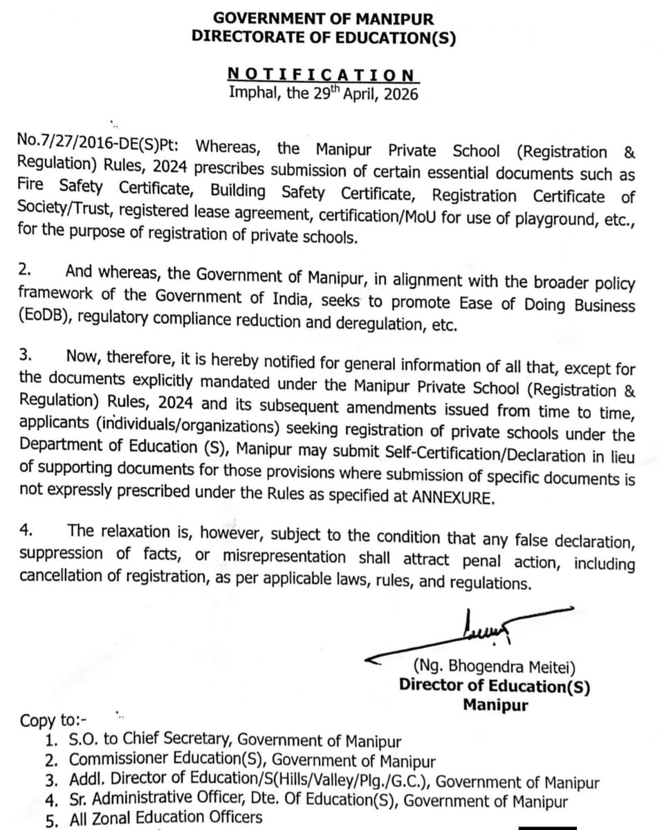 PaomiToday's tweet image. 📢 Manipur Govt eases private school registration norms, allowing self-certification in place of certain documents to promote ease of doing business, with strict action for false claims.

#Manipur #Education #PrivateSchools #Policy #EaseOfDoingBusiness #BreakingNews #PaomiToday