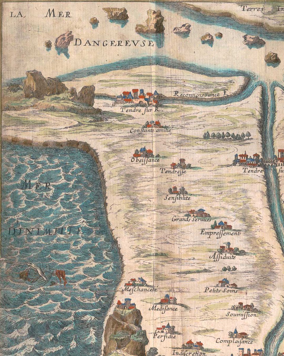 HistoireOdyssee's tweet photo. Voici la carte la plus étrange du XVIIe siècle.

Bienvenue à Tendre, imaginée au XVIIe siècle par Madeleine de Scudéry. Pour atteindre cette contrée imaginaire, tout commence à « Nouvelle-Amitié ».

De là, plusieurs chemins s’ouvrent : vers Tendre-sur-Inclination, Tendre-sur-Estime ou Tendre-sur-Reconnaissance... en passant par des villages comme « Assiduité », « Petits soins » ou « Sensibilité ».