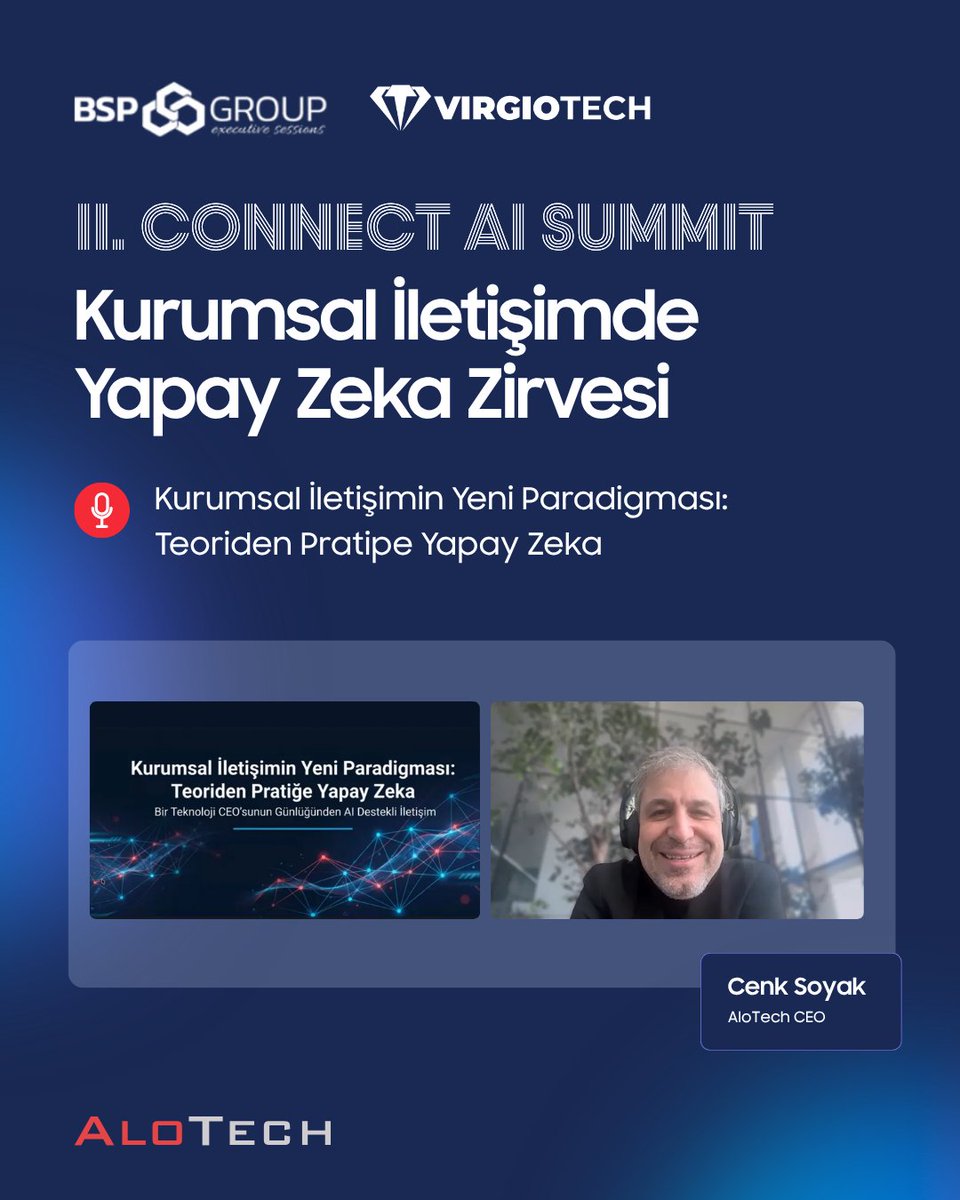 alo_tech's tweet photo. 🌟 II. Connect AI Zirvesi’ndeydik!

CEO’muz Cenk Soyak, “Teoriden Pratiğe Yapay Zeka” ile kurumsal iletişimin dönüşümünü anlattı.

Katılan herkese teşekkürler! 🎤

#AloTech #ConnectAI #KurumsalIletisim #YapayZeka #AgenticAI #dijitaldönüşüm #çağrımerkezi https://t.co/zW6azONpyG
