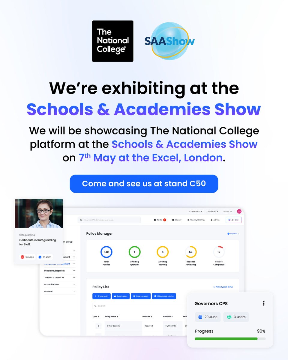 TheNatCollege's tweet image. We’re exhibiting at the Schools and Academies Show next week.

📅 7 May
📍 Excel London
📌 Stand C50

Discover how we support compliance, CPD and whole school improvement.

Come and say hello.

#Education #SchoolLeadership #CPD #EdTech