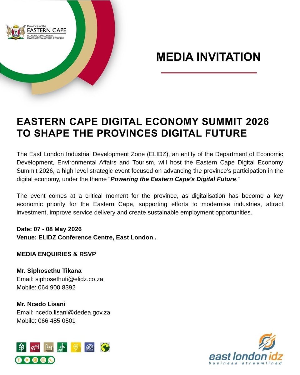 DEDEA_EC's tweet image. Media are invited to the Eastern Cape Digital Economy Summit 2026 (07–08 May, East London IDZ Conference Centre). A key platform to unpack digital infrastructure, skills and investment driving the province’s digital economy.

#ECDES2026 #MediaInvite #RSVP