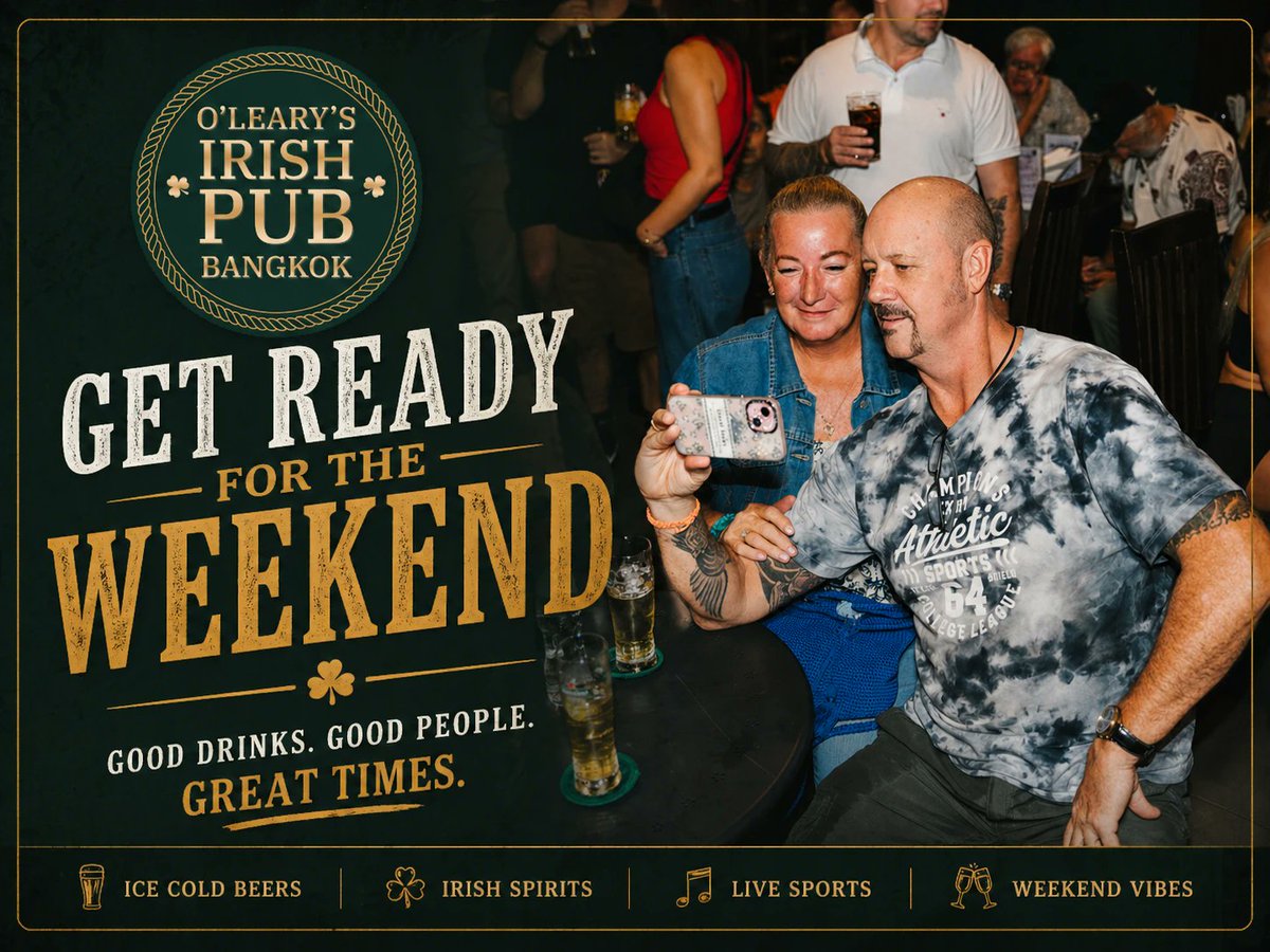 OlearysBangkok's tweet image. Weekend plans? Sorted. 🍻

Good drinks, great people, and even better vibes waiting for you at O’Leary’s.
Grab your crew and get ready for it.

#BangkokNights #WeekendVibes #IrishPub #GoodTimes