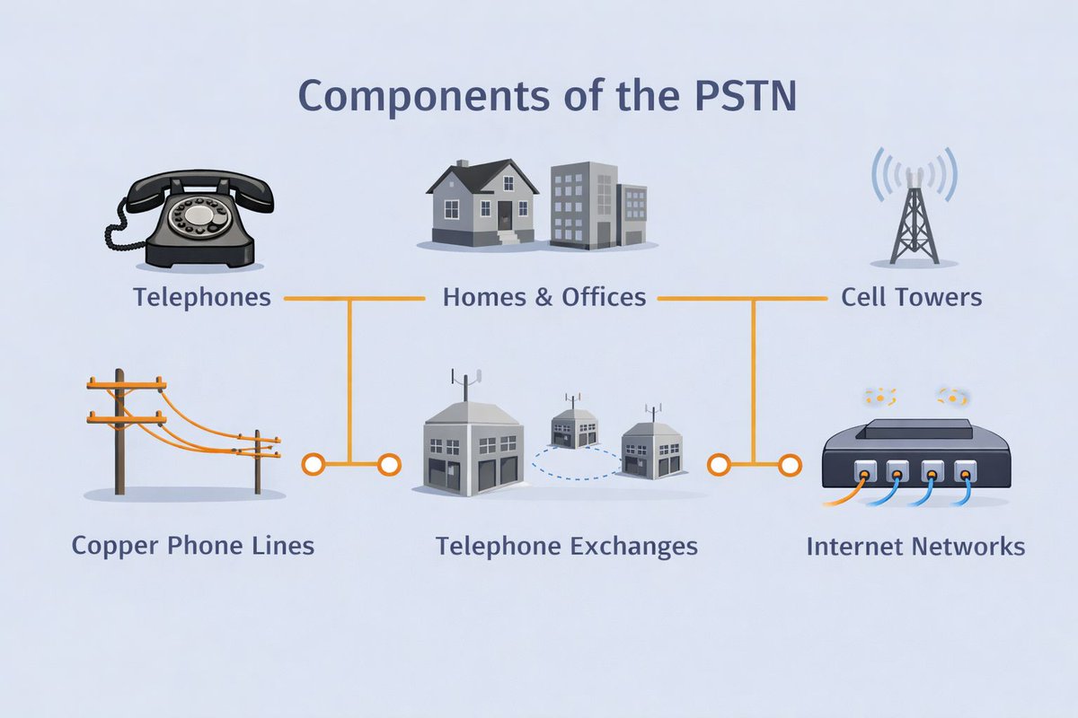 4psa's tweet image. Core building blocks 🧩
• Telephones (endpoints)
• Copper lines (local loops)
• Switching exchanges
• Global transmission networks
Together, they formed one of the most reliable systems ever built.
bit.ly/4s4sA3c 
#telecoms #PSTN #Communications #Telephony #tech