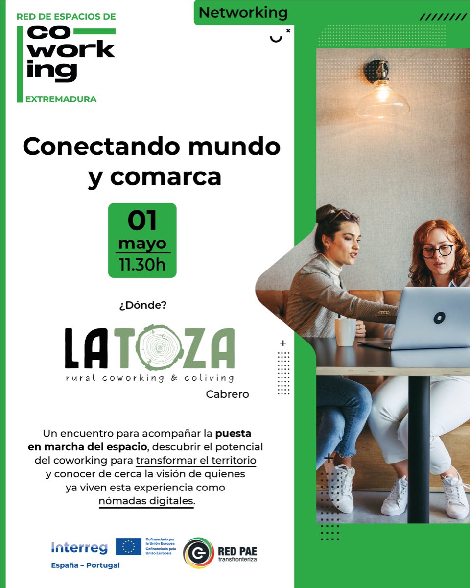 empresa_EXT's tweet photo. MAÑANA✨ Nómadas digitales en el Jerte 🌍

🗓️ 1 de mayo, encuentro de networking
📍 La Toza Coworking/Coliving, Cabrero

🔑 Este evento es la puesta de largo de La Toza Coworking/Coliving, un entorno ideal para nómadas digitales de cualquier parte del mundo que quieran vivir, trabajar y disfrutar de la comarca con calidad de vida.

📌 ¿Qué te espera?

🎤 Conocer el coworking como herramienta de dinamización territorial
🗣️ Testimonios de nómadas digitales: qué buscan y cómo viven la experiencia
🏢 Un recorrido por las instalaciones de coworking y coliving
🧀 Networking y aperitivo 
🤝 Conecta con las creadoras del espacio y con otros profesionales 

✅ Reserva tu plaza e infórmate aquí:
🔗 https://t.co/HlV4z7UrYa