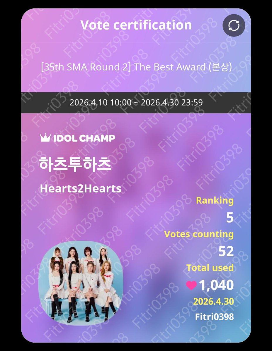 Fitriwu12741399's tweet image. Hachu jangan lupa vote H2H di Seoul Musoc Award kategori The Best Award di aplikasi Idol Champ 💙

#HEARTS2HEARTS #하츠투하츠