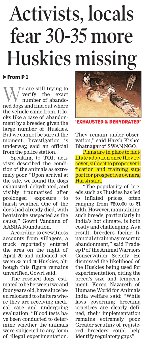 RajaniAmisha's tweet image. In a ruthless act, five #Huskies were found abandoned and one dead near #Patancheru. Locals told rescuers that around 30-35 #dogs were dumped from a truck by unidentified strangers on the night of April 20. A search is underway for the remaining Huskies.

timesofindia.indiatimes.com/city/hyderabad…