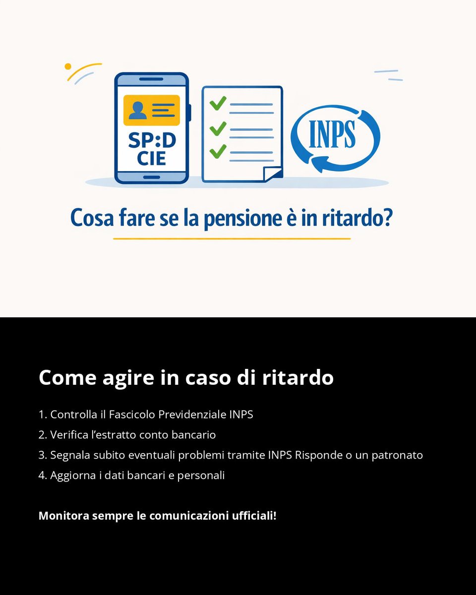 businessonlinei's tweet image. Ritardi nei pagamenti delle pensioni: i patronati chiedono che, se il 1° del mese è festivo, il pagamento sia anticipato e non posticipato. Una soluzione per evitare disagi a milioni di pensionati italiani. Che ne pensate? #pensioni #INPS #pagamenti
2lnk.io/J9t0g
