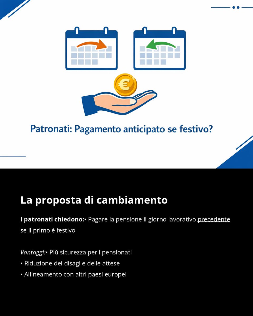 businessonlinei's tweet image. Ritardi nei pagamenti delle pensioni: i patronati chiedono che, se il 1° del mese è festivo, il pagamento sia anticipato e non posticipato. Una soluzione per evitare disagi a milioni di pensionati italiani. Che ne pensate? #pensioni #INPS #pagamenti
2lnk.io/J9t0g