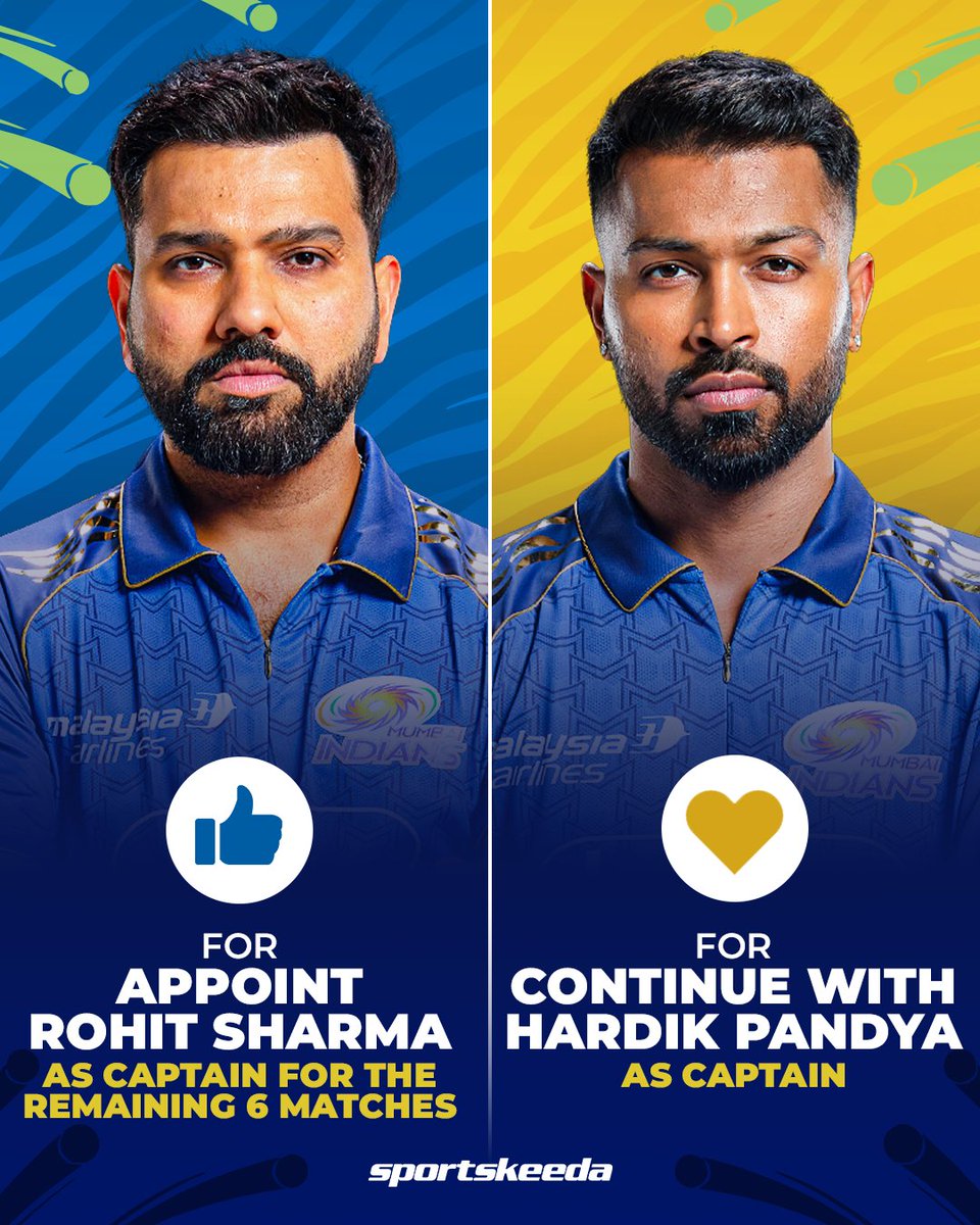Sportskeeda's tweet image. Time to choose your skipper 💙👇

Hitman’s return or continue with Hardik Pandya for the rest of IPL 2026? 🤔💭

#IPL2026 #MI #RohitSharma #Sportskeeda