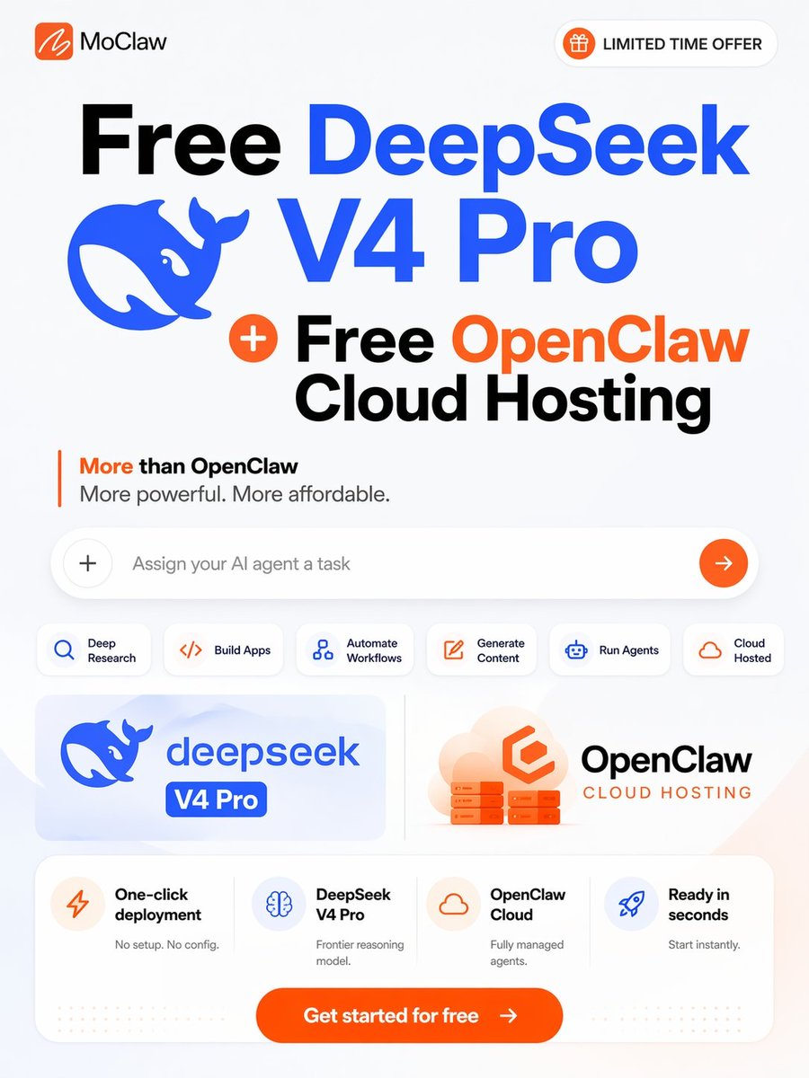sabir_huss50540's tweet image. This combo just became stupid easy to access.

DeepSeek V4 Pro + OpenClaw Cloud Hosting. Both FREE on MoClaw.

Signed up 3 seconds ago → 1000 credits instantly → agents running.

No Mac Mini. No tech skills. No setup nightmare.

Just: frontier AI reasoning + fully managed