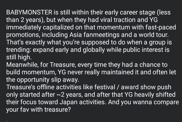 ayynskyeeels's tweet photo. @Avohaava__ I don't know how to tell YG defenders, Im not blaming anyone or attacking anyone. I'm just explaining about how treasure've been focused on Japan since rookie, their global exposure grown much slower compared to other 4th even 5th gen grps

But lemme just say this https://t.co/xTAMjmyELg