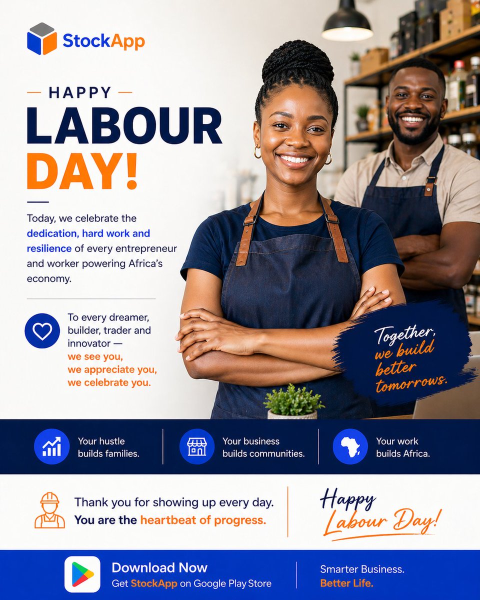 StockApp's tweet photo. Happy Labour Day 🌍👏

To every hustler, entrepreneur, trader, and worker — your hard work keeps Africa moving 🚀

Your hustle builds families.
Your business builds communities.
Your work builds the future.
We celebrate you today ❤️
#LabourDay #StockApp #EntrepreneurAfrica #SMEs #WorkersDay