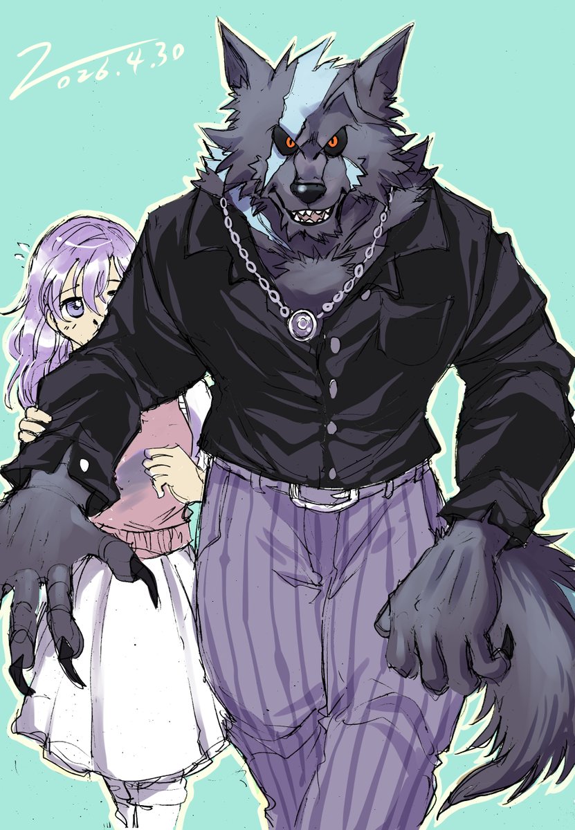 落書き「ワーウルフと少女・３」
スーツを着る狼を描きたくて、今まで描いてた狼にスーツを着れそうのがこいつだけなので描いた。