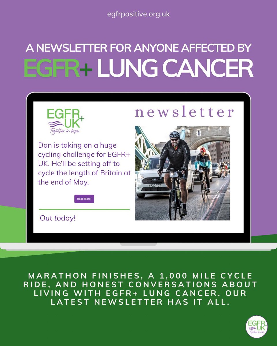 EgfrUk's tweet photo. Our latest newsletter is out today. 💜

We’re celebrating Matt and Trudie, who crossed the finish line of the London Marathon and together raised over £15,000 for EGFR+ #LungCancer.

We also include Dan, who in just a few weeks will be cycling over 1,000 miles the length of Britain in honour of his mum.

And the Breathe Strong podcast comes to the end of Season 1. Sign up to get it in your inbox https://t.co/IG8UkimLyd #LCSM