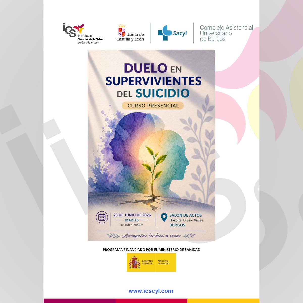 IECSCYL's tweet photo. 🔔 "Curso Duelo en Supervivientes del Suicidio"

📅  23 de junio de 2026

🎓 Dirigido a:  Médicos de familia, personal de enfermería AP, trabajadores sociales de los centros de Atención Primaria, TCAE, EIR, PIR y MIR.

🌐 https://t.co/vKcPaQQ1JF https://t.co/KYPuyZvii4