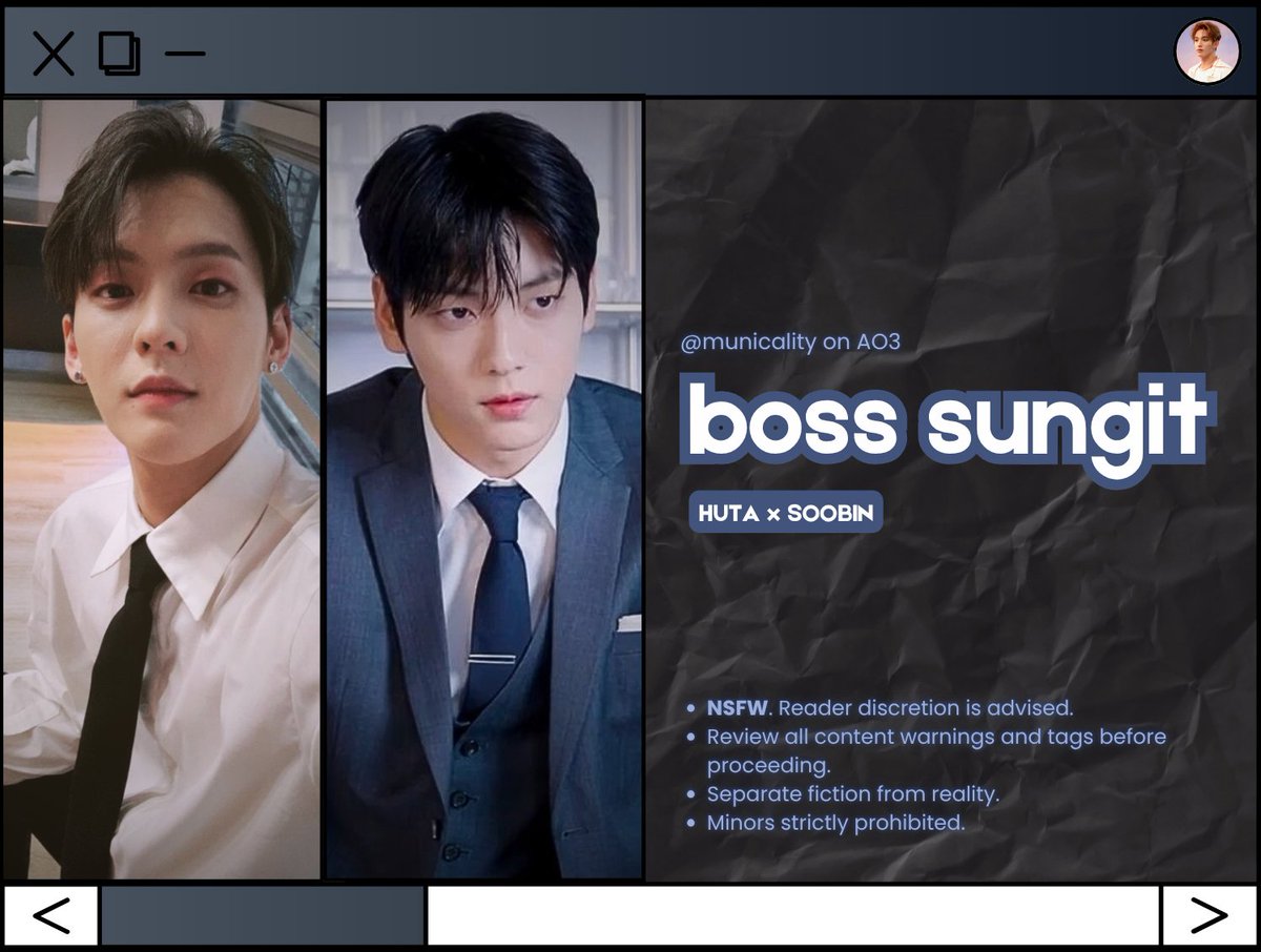 municality's tweet photo. boss sungit 🔞

Perfect definition ng "boss sungit" si Sir Choi Soobin. Ngunit sino ang mag-aakalang ang isang bagong empleyado na si Huta, ang unti-unting magpapatunaw sa kanyang puso at pati na rin magdudulot sa kaniya ng matinding pag-ibig at sakit.

ao3 link in replies https://t.co/tWqVOY61OW